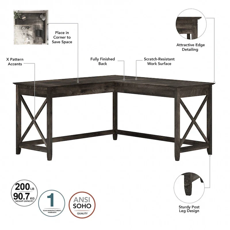 60W L Desk with File Cabinet and Bookcase