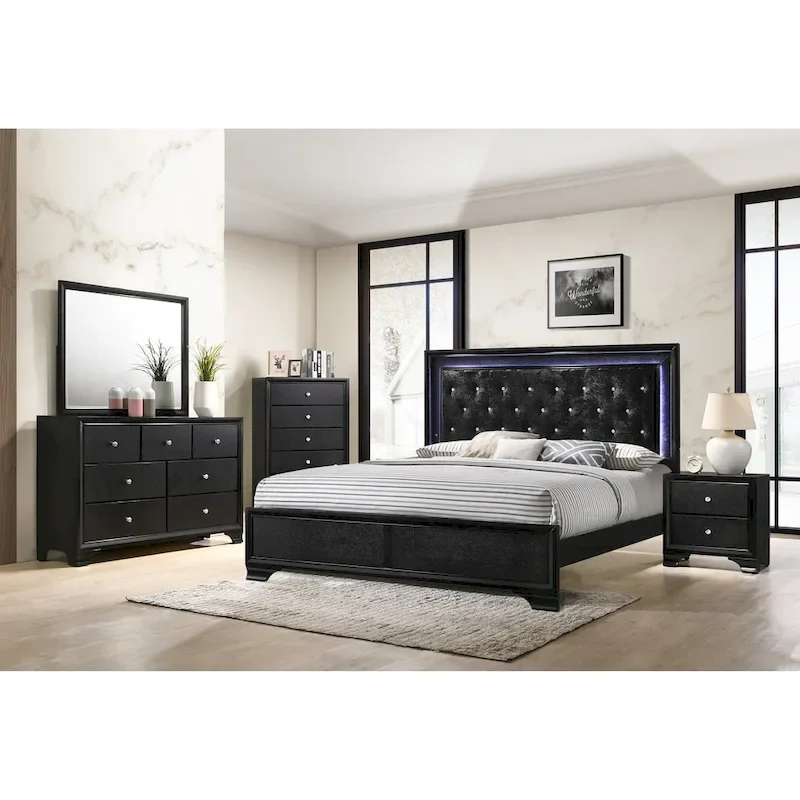 4-Piece Black LED Fabric Tufted Panel Bedroom Furniture Set