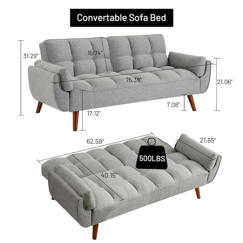 75.39 IN. Futon Sofa Bed, Convertible Upholstered Couch Sleeper with Reclining Sleeper Split Tufted Back