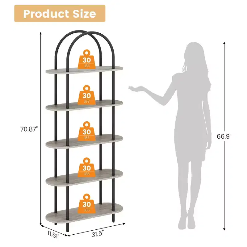 Bookshelf for Living Room - 71 Arched 5-Tier Bookcase with Metal Frame, Freestanding Storage Shelf for Bedroom, Office