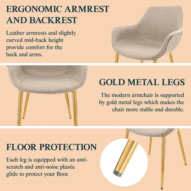 Markley Modern Leather Dining Armchair Set of 4 With Gold Metal Legs Accent Side Chair