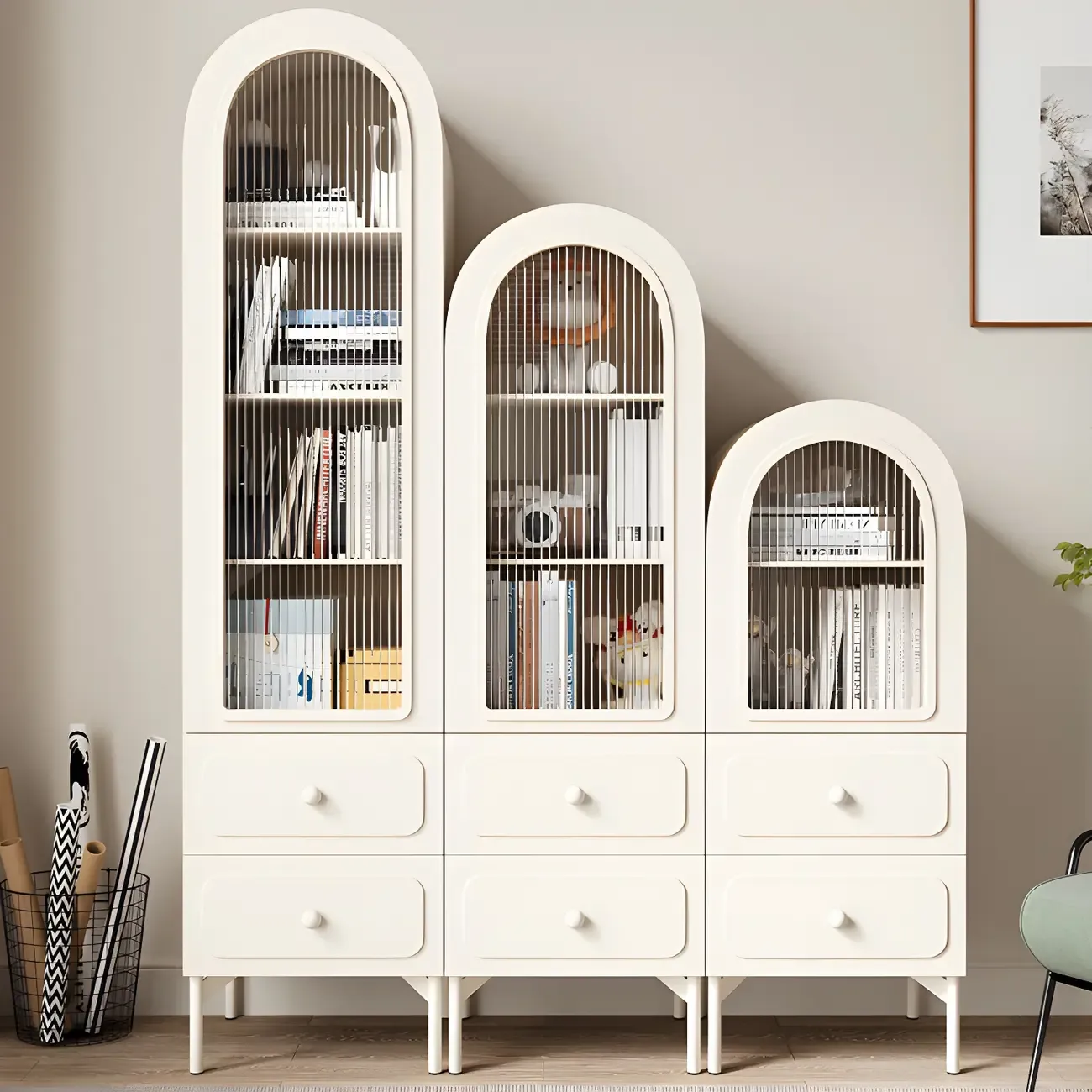 Scandinavian Arched White Wood Bookcase with Doors