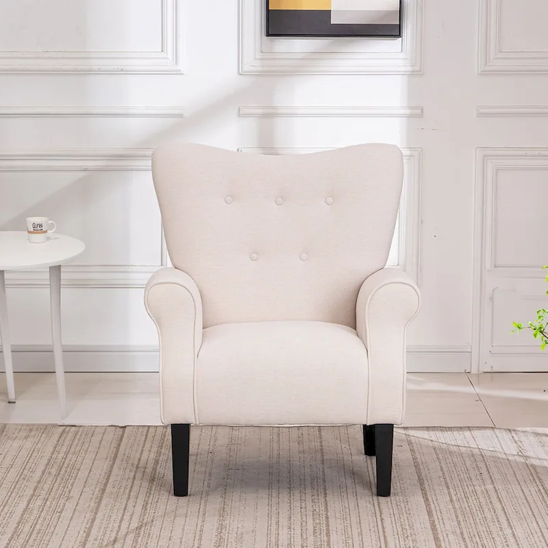 EROMMY Wingback Accent Chair, High-Back Upholstered Fabric Chair with Wooden Legs, Off-White