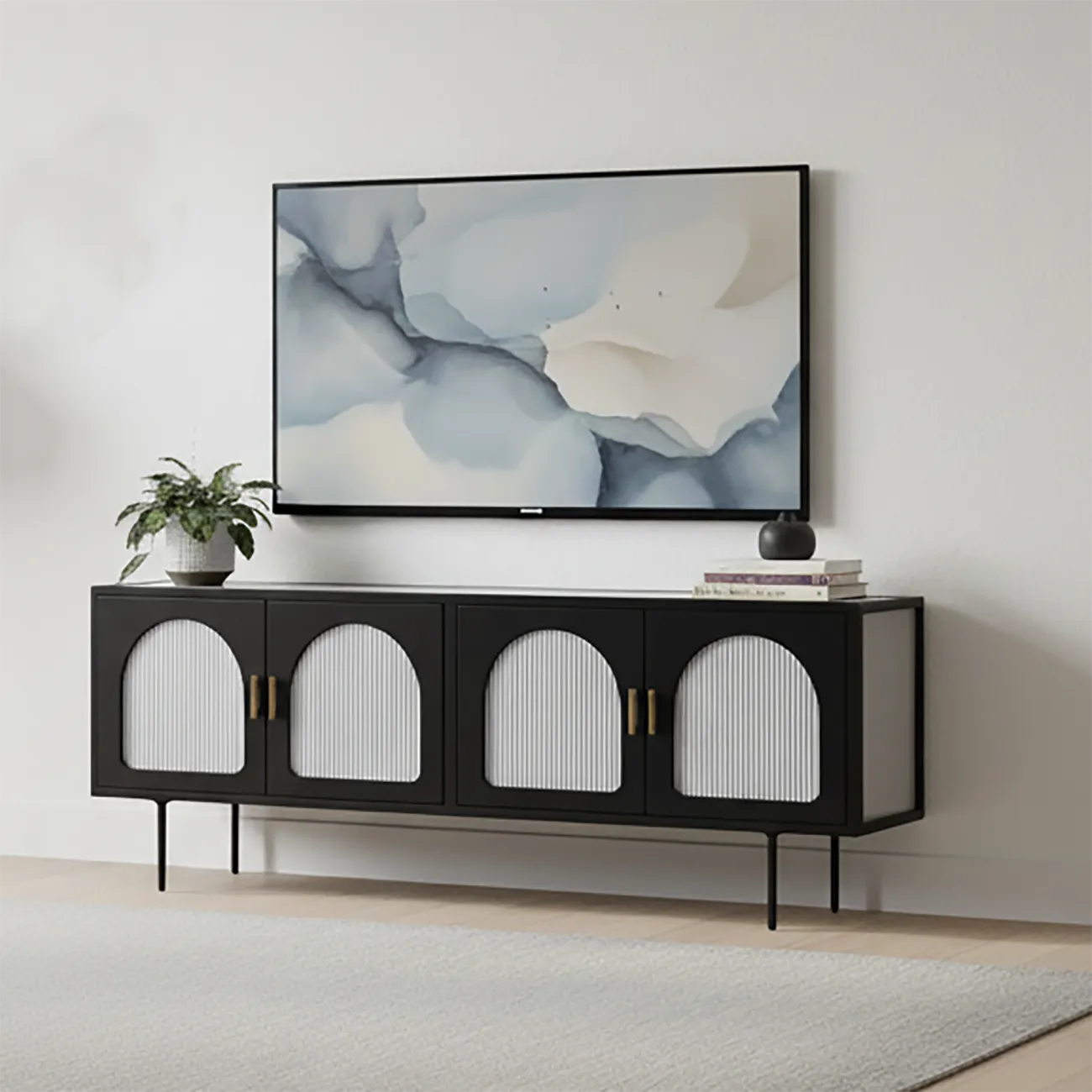 63 White Metal Arched Glass Door TV Stand with Cabinet