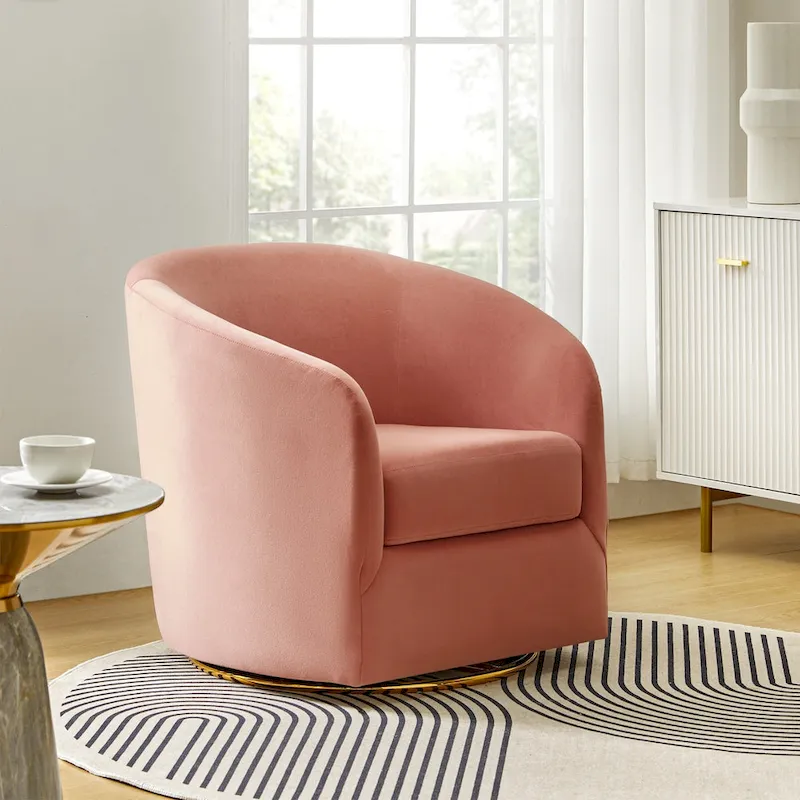 Modern Velvet Curved Swivel Accent Barrel Chair with Metal Base