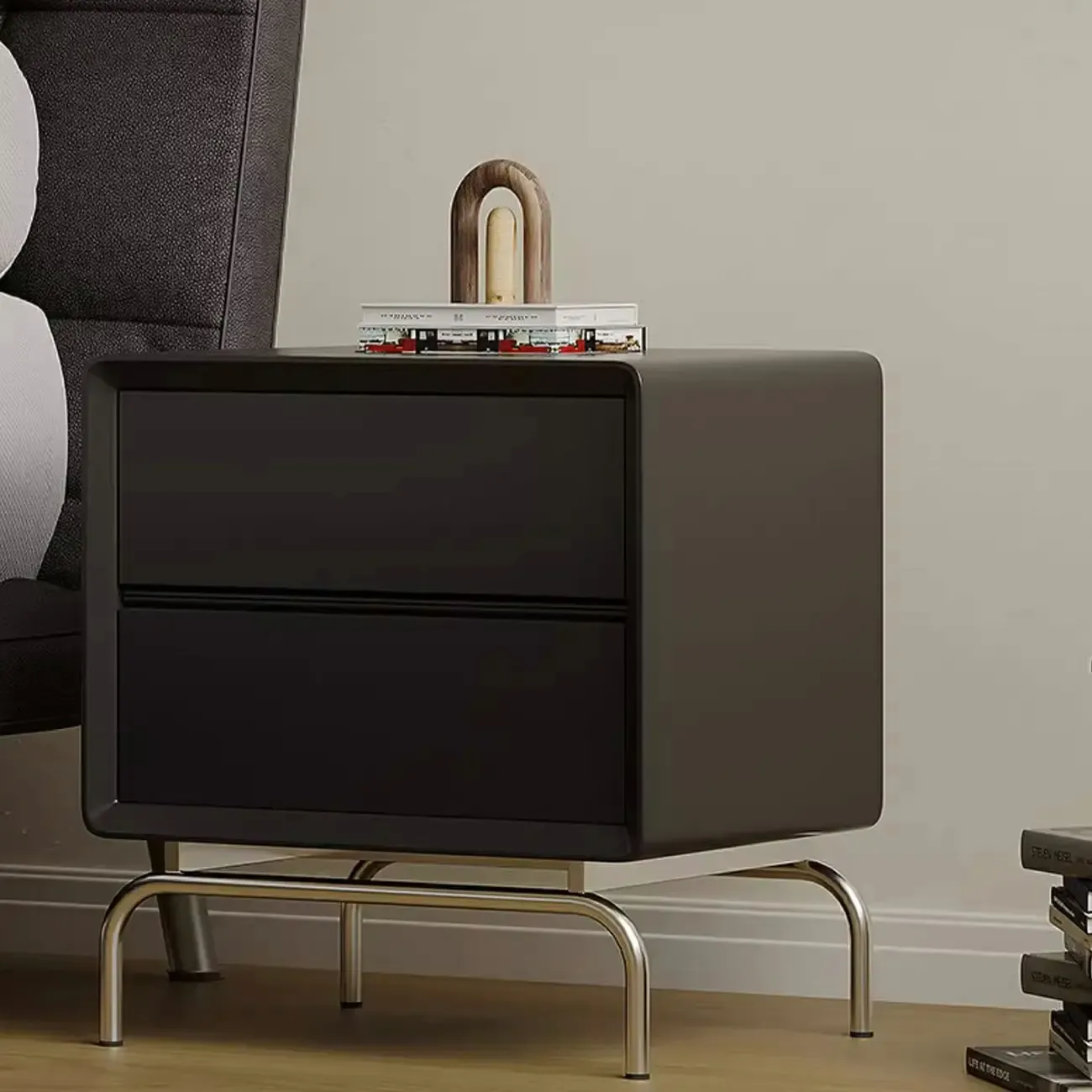 Classic Black Wood 2 Drawers Nightstand with Silver Metal Base