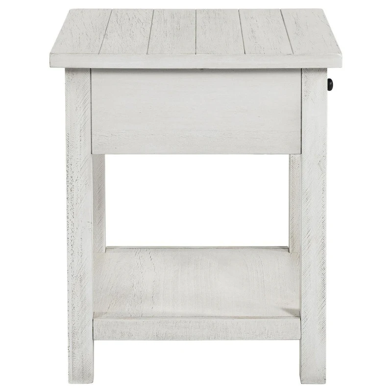 Ayne Side End Table, 1 Drawer, Distressed White Wood, Square 20 Inch