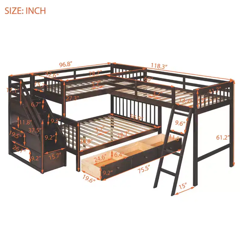 Stylish Design Twin over Full L-Shaped Bunk Bed With 3 Drawers, Ladder and Staircase