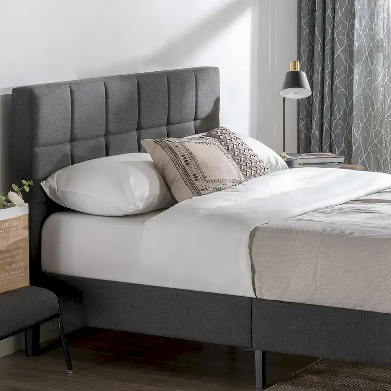 Extra-Large Platform Bed Frame with Gray Quilted Grid Stitching