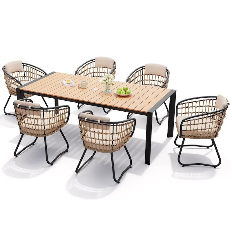 Outdoor Patio Dining Set Aluminum Table with Umbrella Hole with Rattan Chairs