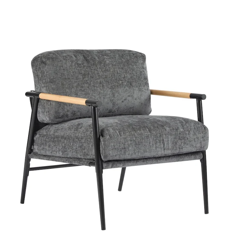 Polyester Accent Chair with Metal Frame & Wooden Armrests