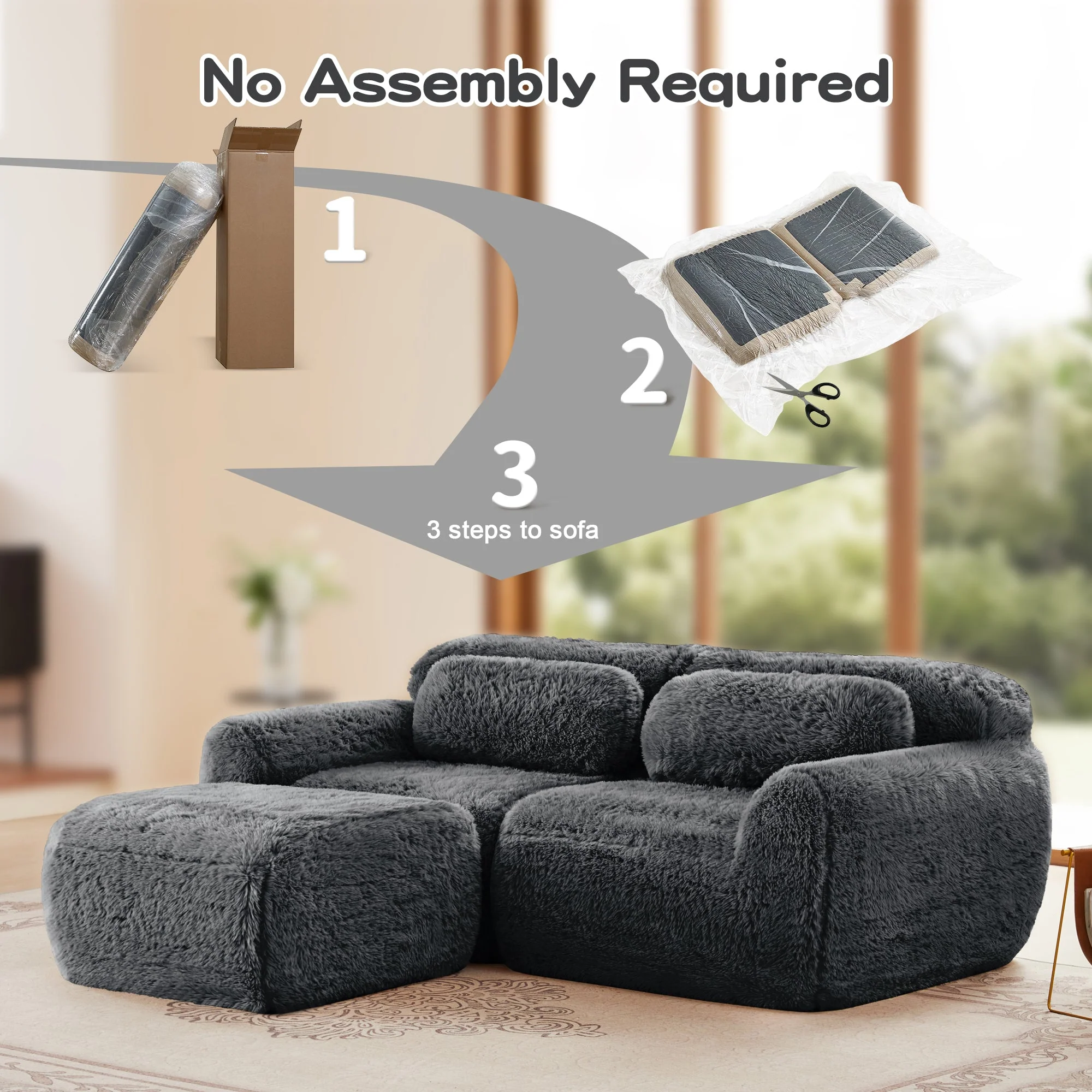Soft Teddy Plush Ergonomic Design L-shaped Loveseat Sofa with Ottoman