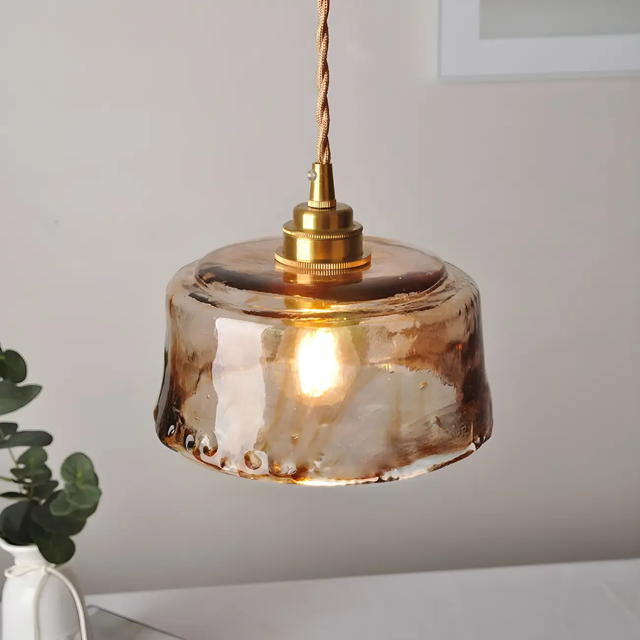 Industrial Amber Glass Shade Brass Haning Pendant Light