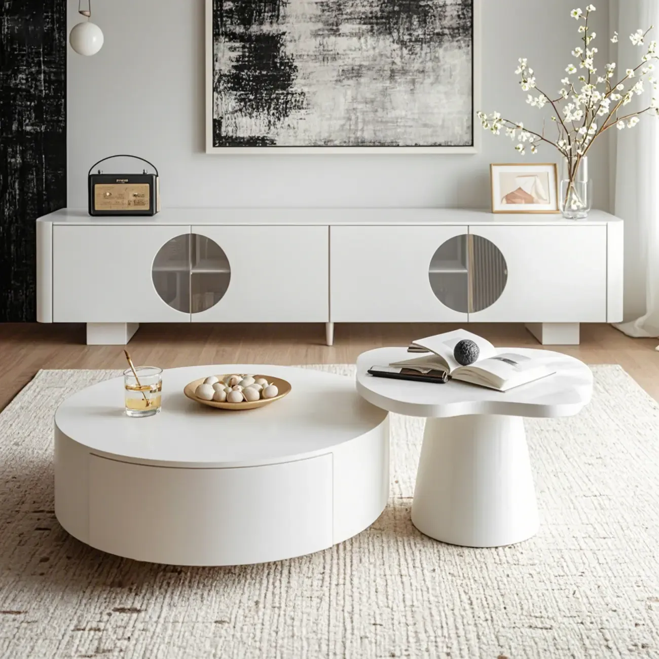 White Round Pedestal Modern Wood Drawer Coffee Table