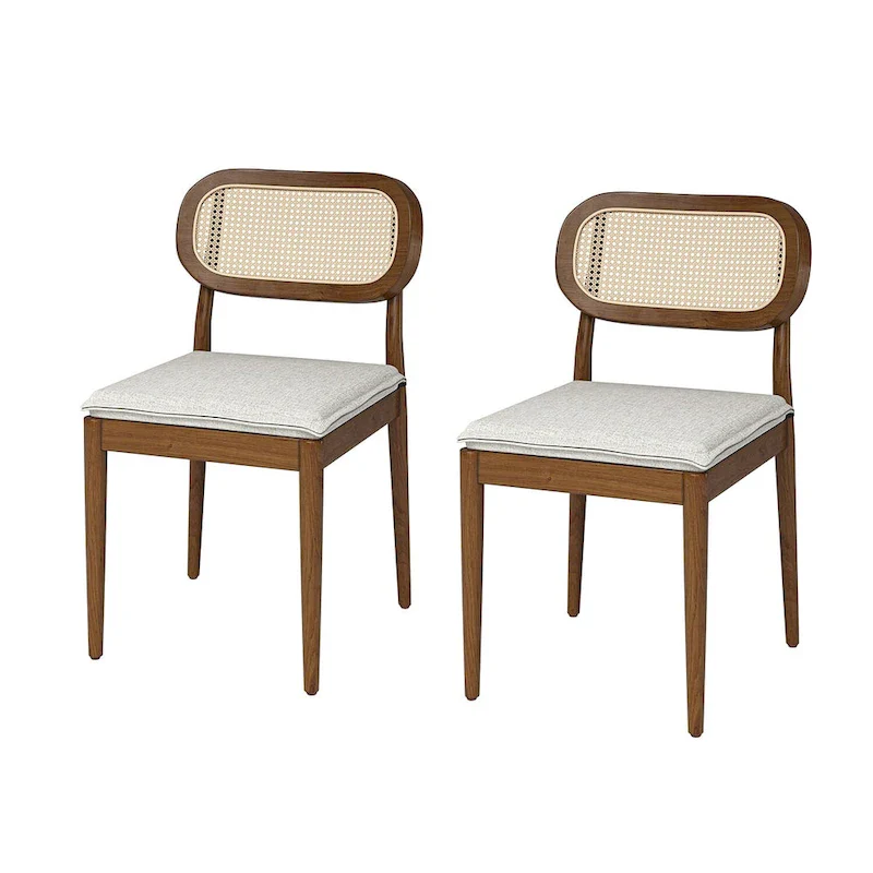 Modern Solid Wood Dining Chair with Ratten Back and Removable Cushion Set of 2 by