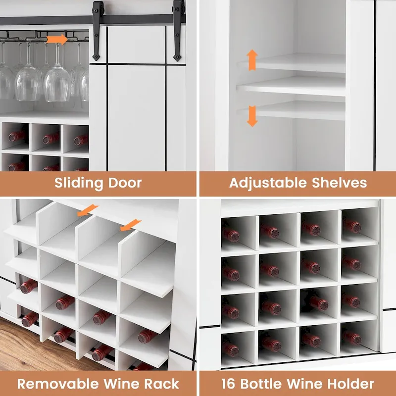 Farmhouse 47 Wine Bar Cabinet Buffet Sideboard Cabinet with 16 Bottle Wine Rack - 15.7D x 47.2W x 34.61H