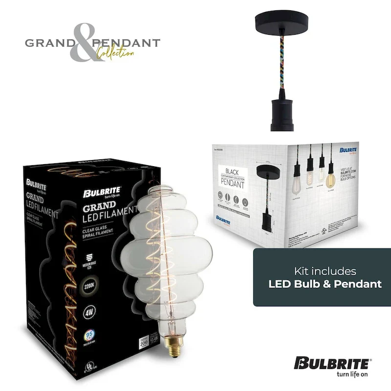 Bulbrite LED Grand Bulb and Pendant Kit of (1) 4 Watt Clear Glass 15  Beehive Shaped Bulb