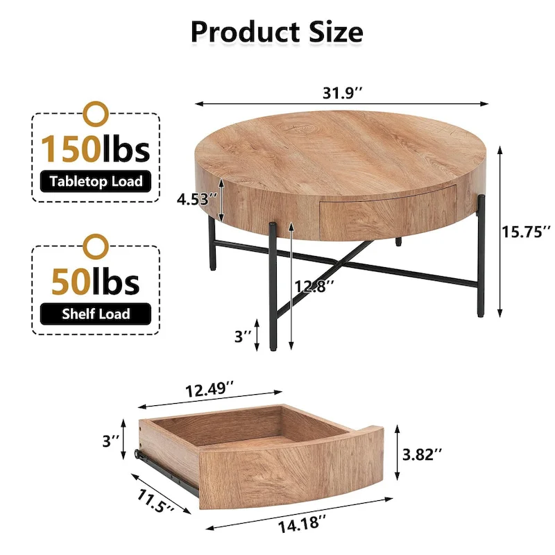 Round Coffee Table with with Two Drawers - Natural
