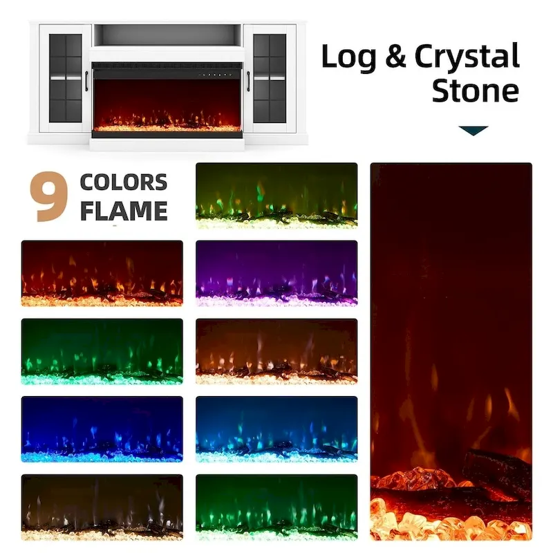 Erommy Adjustable Glass Shelves Entertainment Center with Electric Fireplace in Fireplace TV Stand