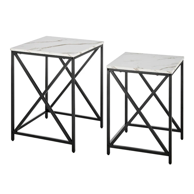 Modern Square Marble Finish Veneer Top Black Metal Frame Nesting End Tables - Set of 2