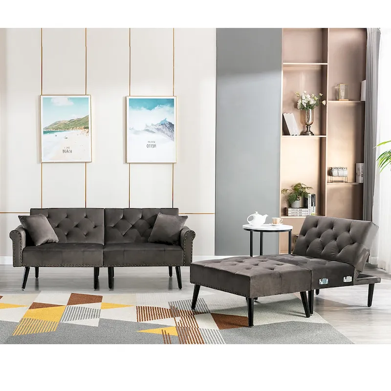 Convertible Velvet Sofa Couch, Sectional Sofa with Ottoman, Mid-Century Futon Sofa Bed - 32D x 100.7W x 29.9H