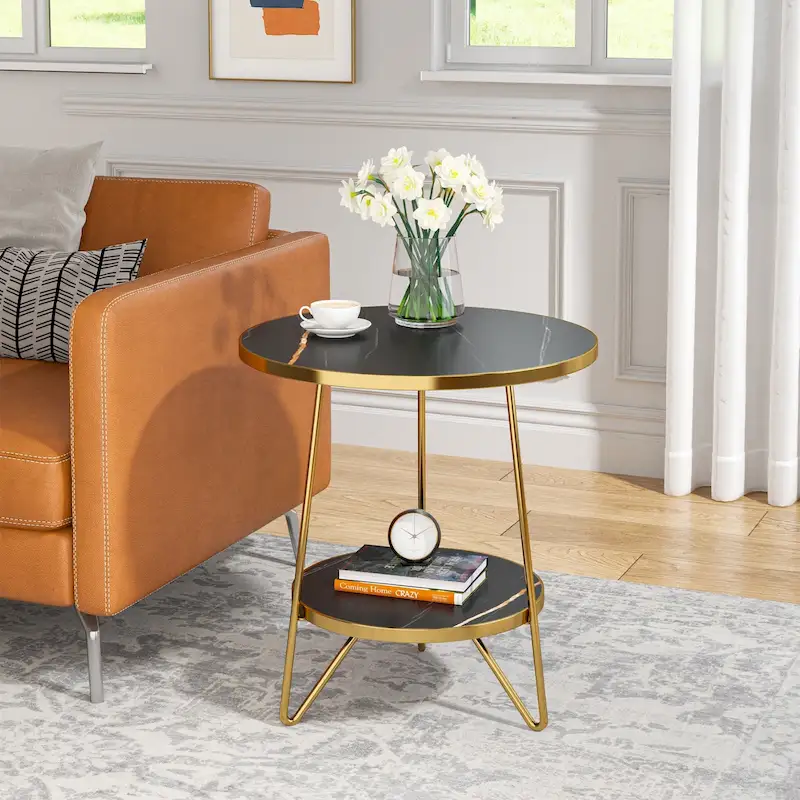Marble Gold End Table Side Table with Shelves