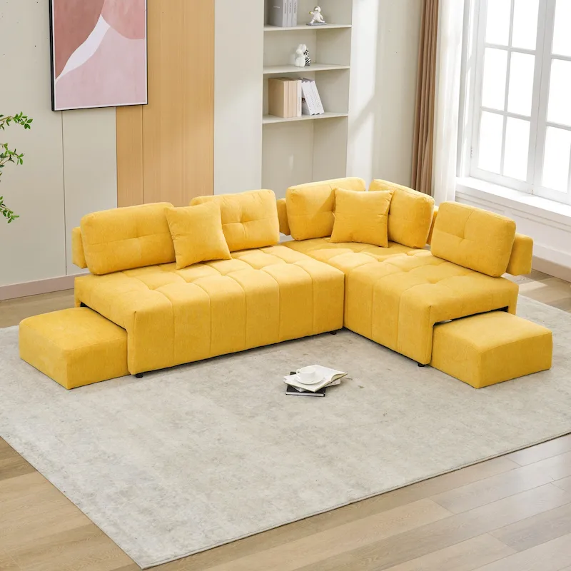 91.73 L-Shaped 4 Seater Sectional Sofa with 2 Hidden Stools, 2 Removable Lumbar Pillows, and Durable Chenille Upholstery