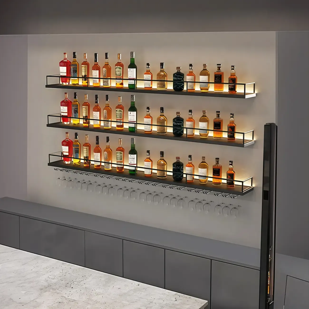 Wall-Mounted LED light Metal Open Wine Rack with Hook and Shelf
