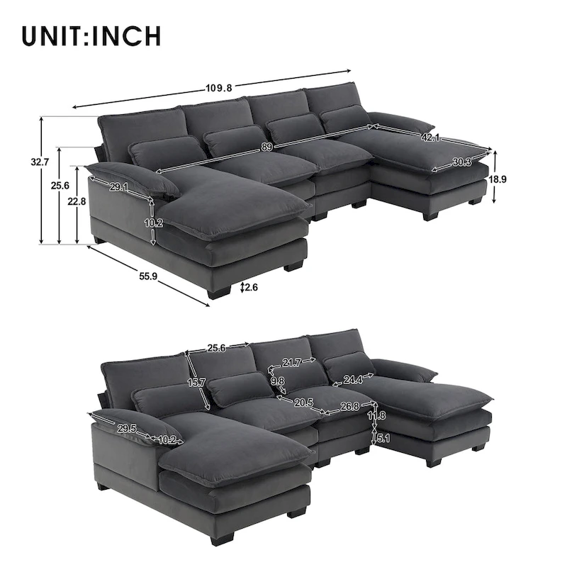 [VIDEO provided][New]109.8*55.9  Modern U-shaped Sectional Sofa with Waist Pillows,6-seat Upholstered Symmetrical Sofa Furniture