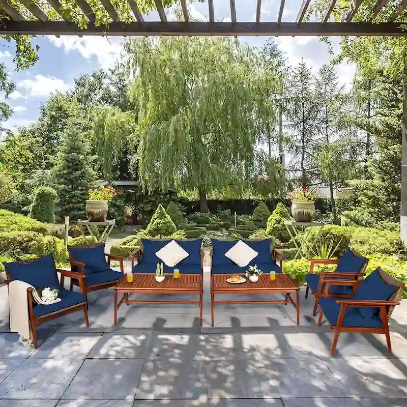 Costway 8PCS Patio Rattan Furniture Set Acacia Wood Frame Cushioned