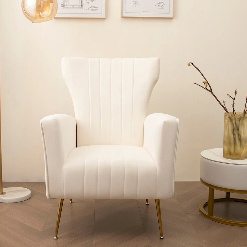 White 29.9 Wingback Arm Chair with Gold Legs