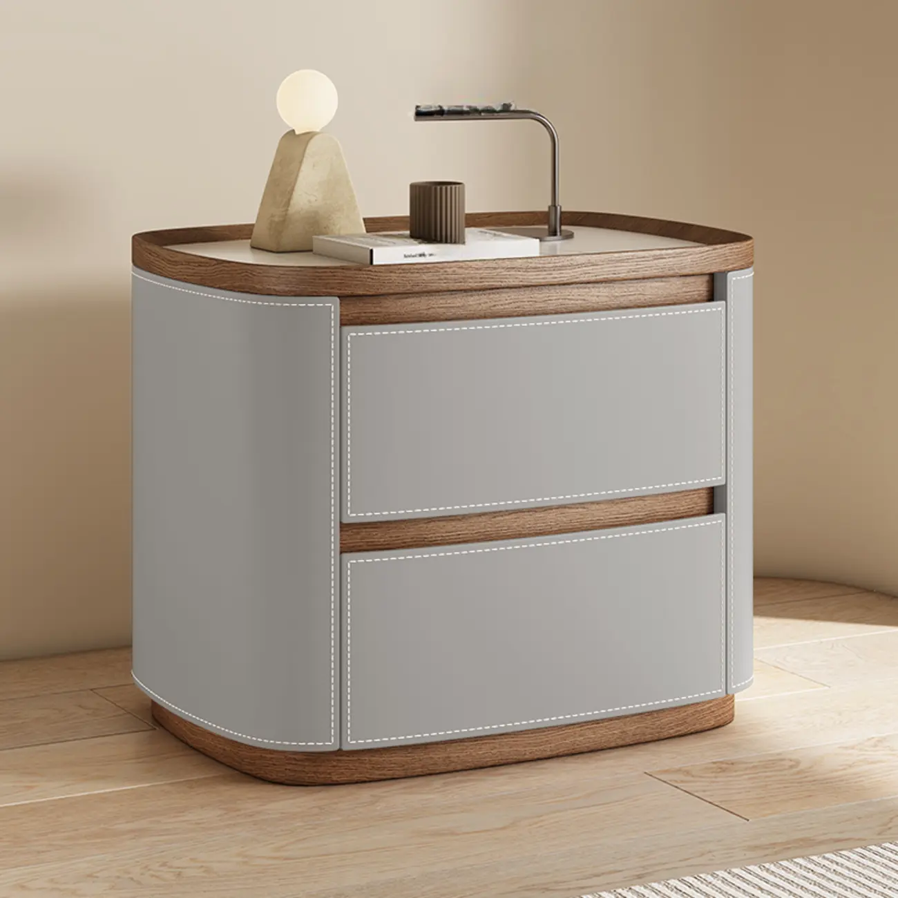 Trendy Low Tray-Top 2 Layer Solid Wood Nightstand