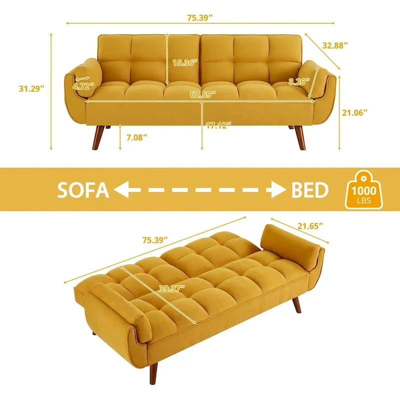 75.39 IN. Futon Sofa Bed, Convertible Upholstered Couch Sleeper with Reclining Sleeper Split Tufted Back