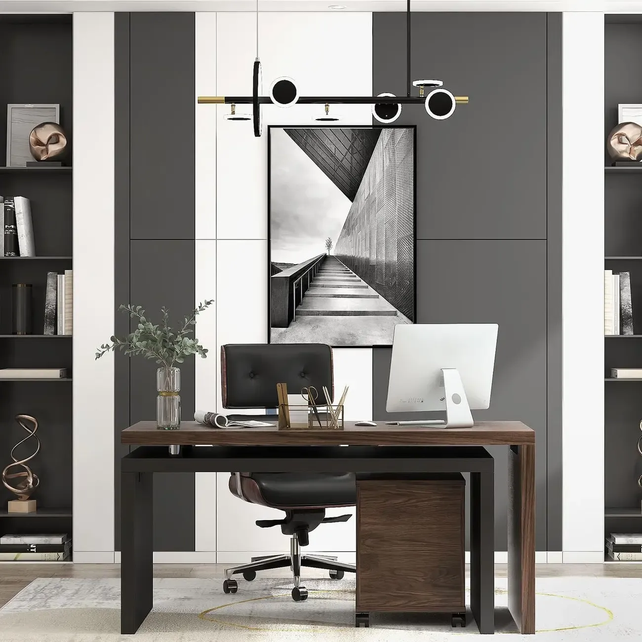 Modern Wood Leather Adjustable Swivel Black Executive Chair