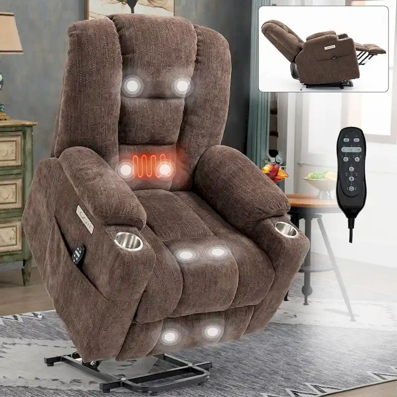 Power Lift Recliner Chair with Massage and Heat, Lazy Boy Overstuffed Wide Recliners w/USB, Type C Ports & 2 Steel Cup Holders