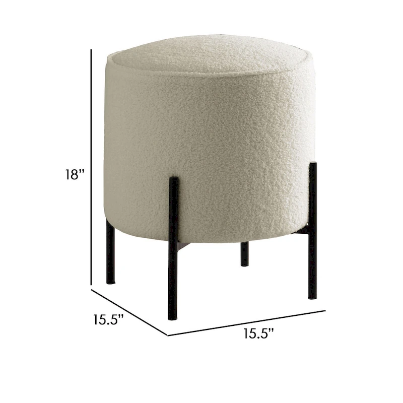 18 Inch Modern Foam Ottoman, Beige Faux Sheep Skin, Matte Black Metal Legs