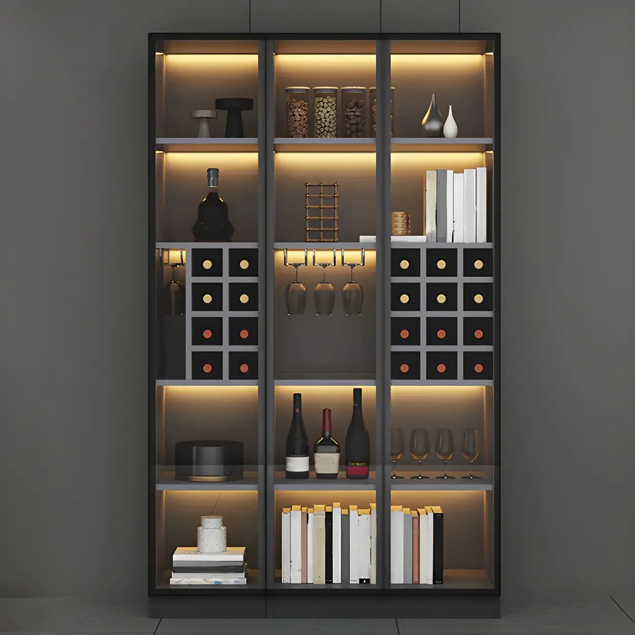 Lighting Modern Freestanding Black Wooden Wine Cabinet