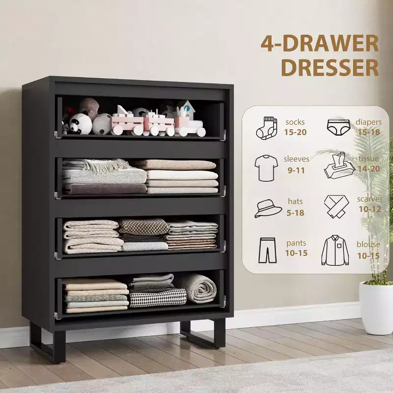 4 Dresser for Bedroom, 41.7 Tall Dresser, Freestanding Vertical Drawer Cabinet with Storage, Wooden Closet Storage Chest for Living Room, Hallway