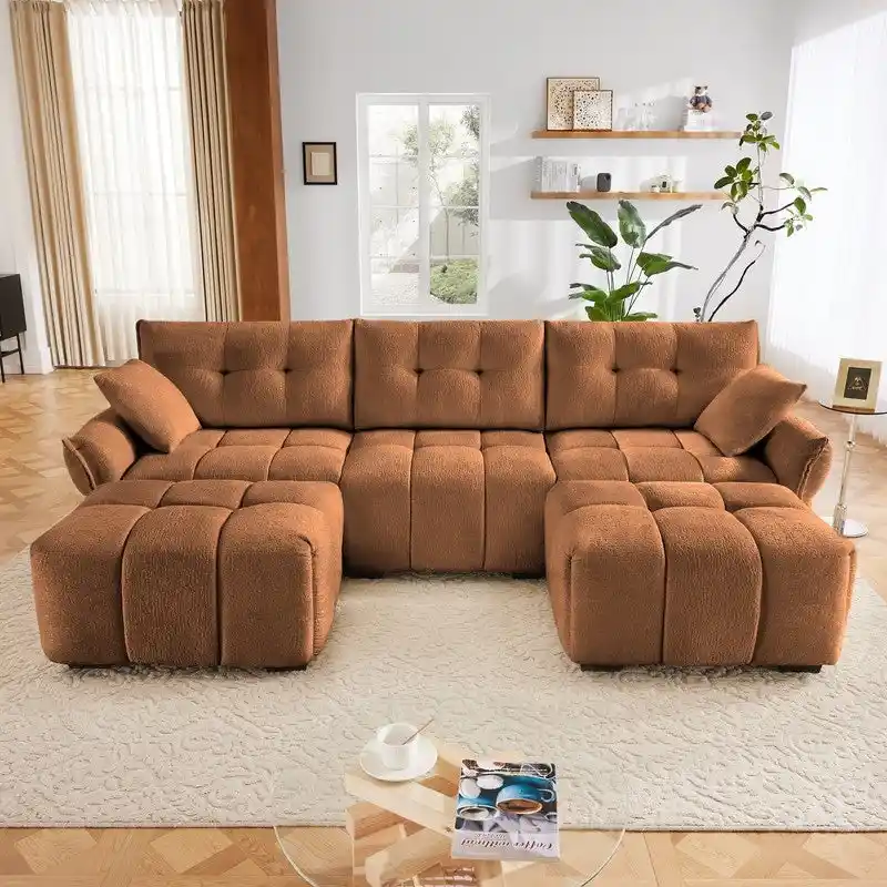 110.2  Chenille 3 Seater Upholstered Sofa, 2 Ottoman