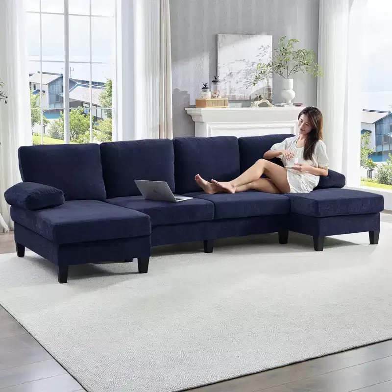 Mjkone 110U-Shaped Sectional Couches,Chenille Upholstered Large 4-Seater Sofa with Double Chaises and Sleepable Armrests