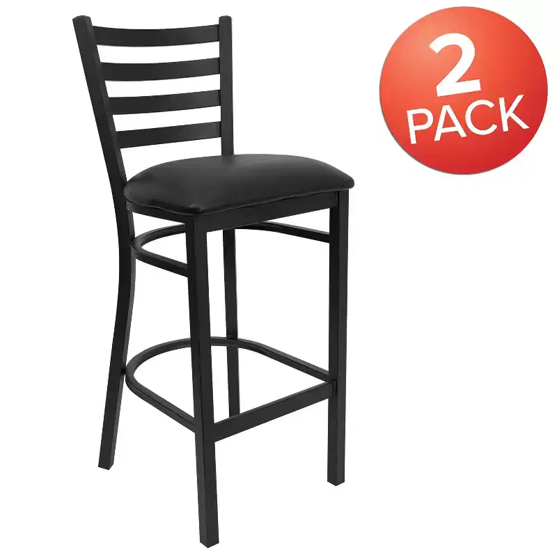 Black Metal Frame Ladder Back Barstool, Multi-Color Seat — Set of 2