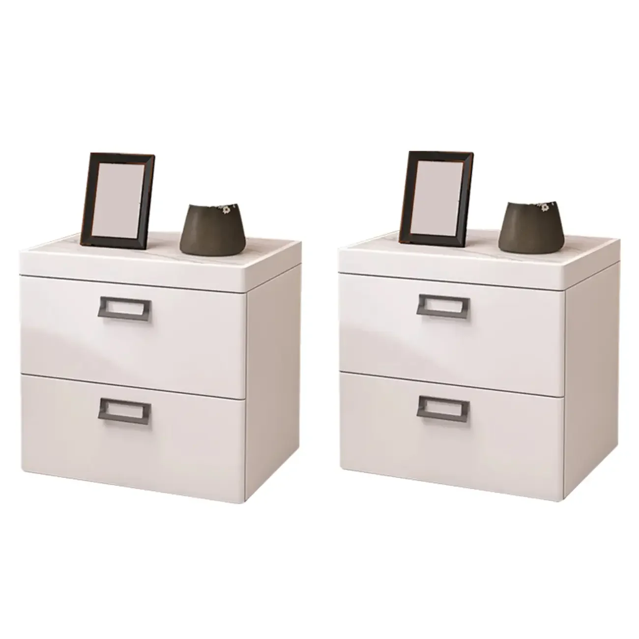 Modern Faux Leather 2 Drawers Nightstand with Stone Top