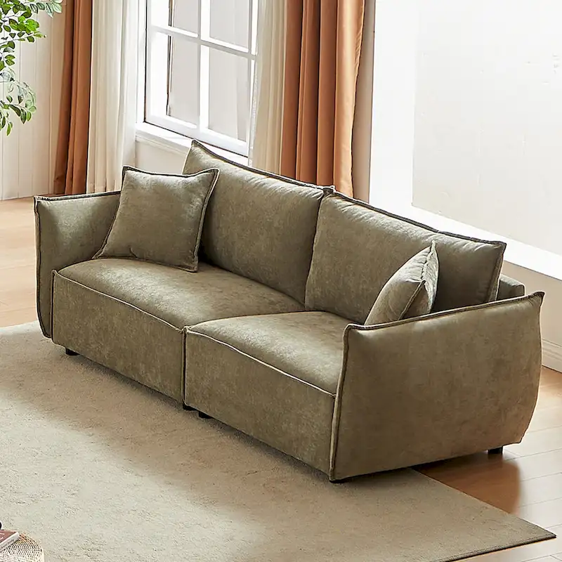 Light Green 88 Chenille 3-Seater Sofa with 2 Extra Pillows and Thickly Padded Seat