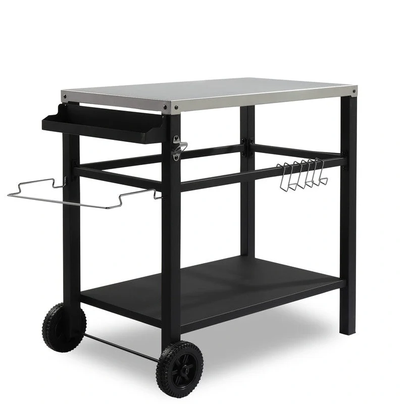 Outdoor Grill Cart Movable BBQ Trolley Food Prep Cart with Two Wheels & Hooks - N/A