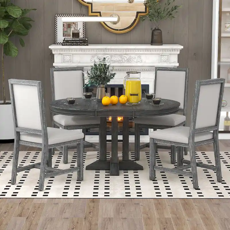 5-Piece Dining Set Extendable Round Table and 4 Upholstered Chairs Farmhouse Dining Set
