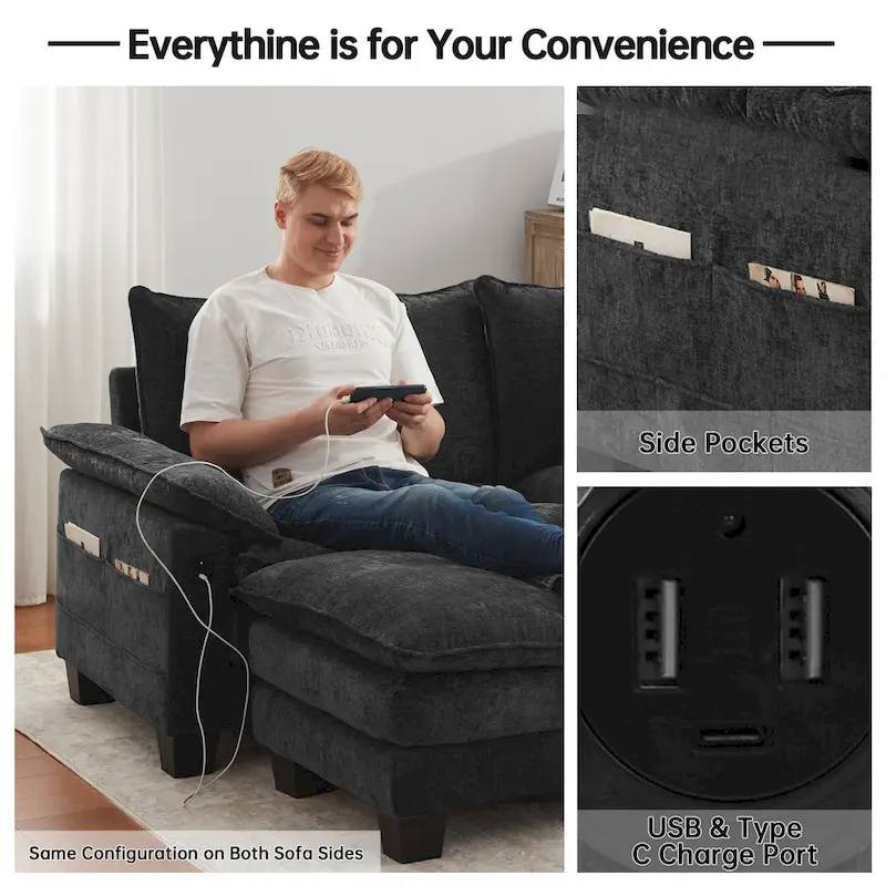 144 Modular Compression Sofa Set Convertible Sectional Sleeper Couch with 2 Ottomans