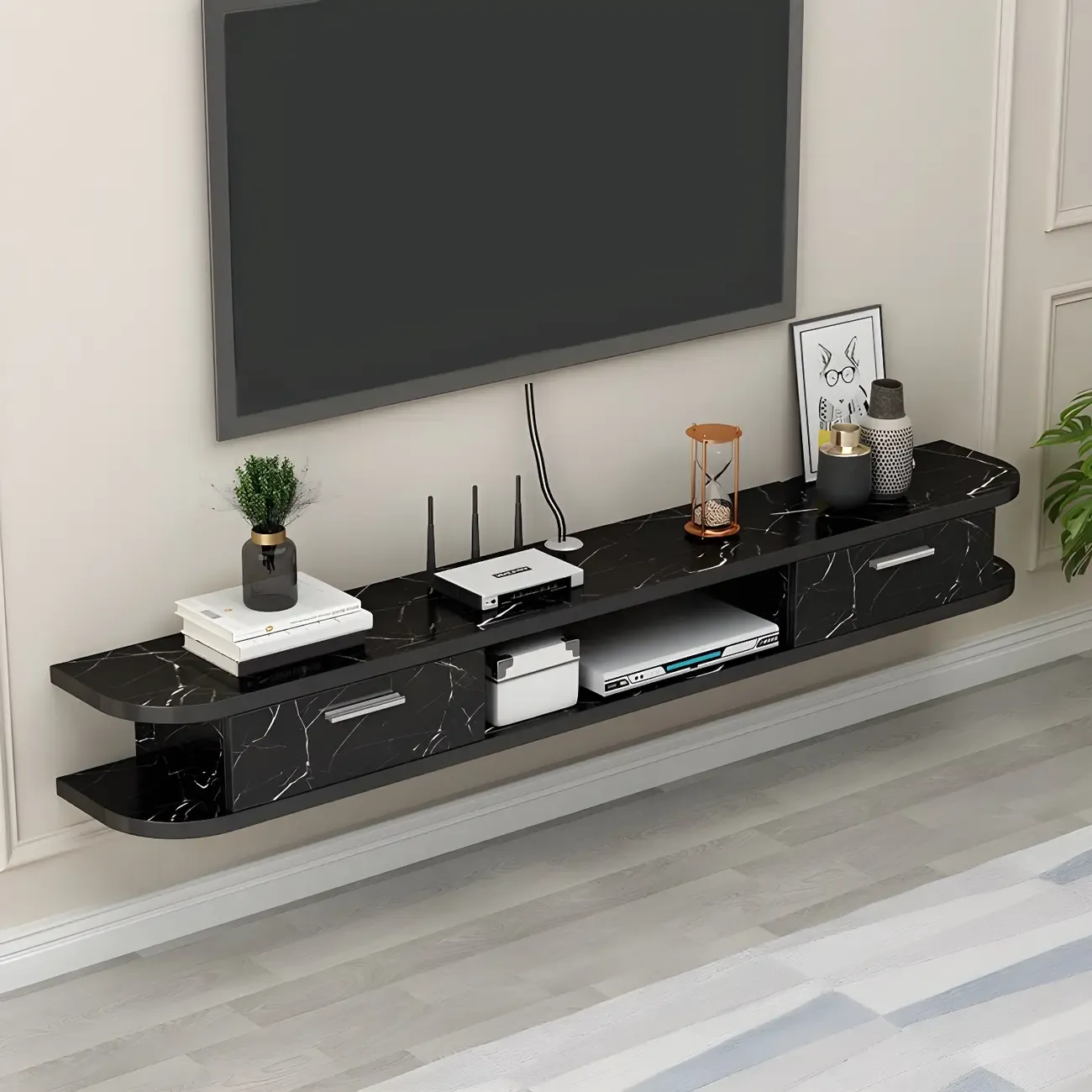 Contemporary Floating Wood Open Storage TV Stand Black