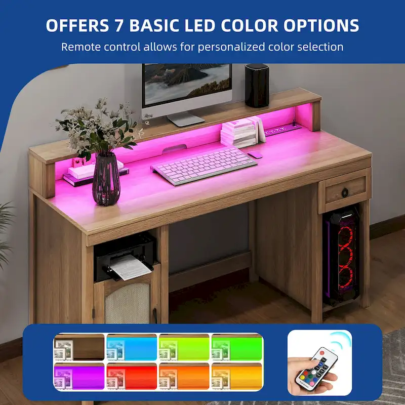 Farmhouse Wood Office Desk with Drawer and LED Strip & Power Outlets