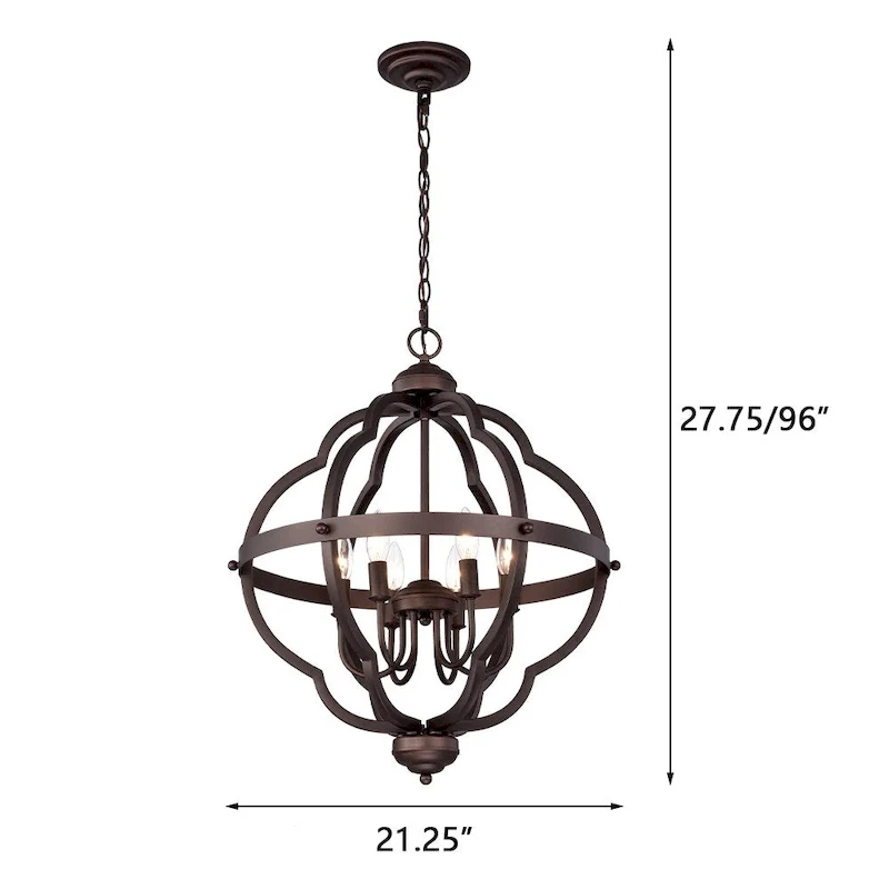 6-Light Brown/Black Round Iron Ceiling Lamp Chandelier with Brown Ringed