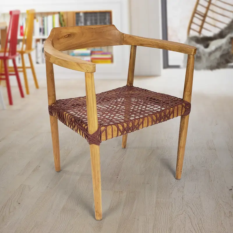 Erline Teak Wood Weaved Leather Seat Accent Chair Armchair